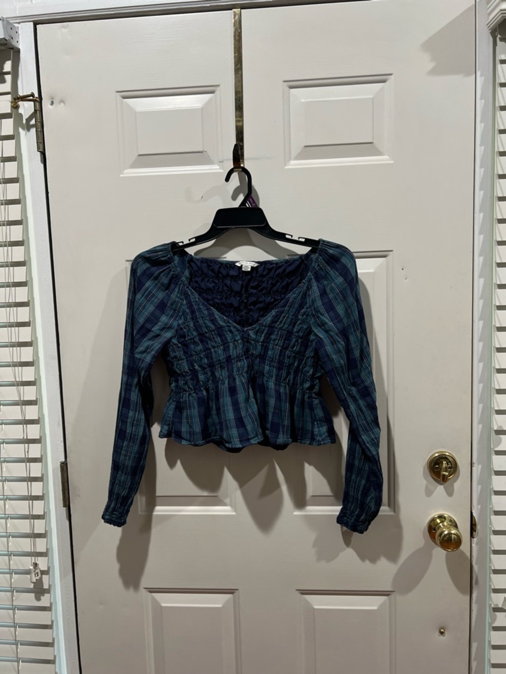 American Eagle Outfitters Blue Green Plaid Smocked Peplum Blouse